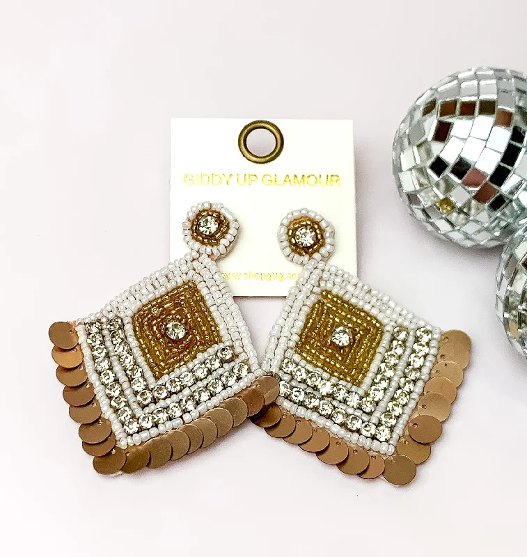 Mystic eye earrings-Fashionista Diamond Shaped Beaded Earrings in White, and Gold