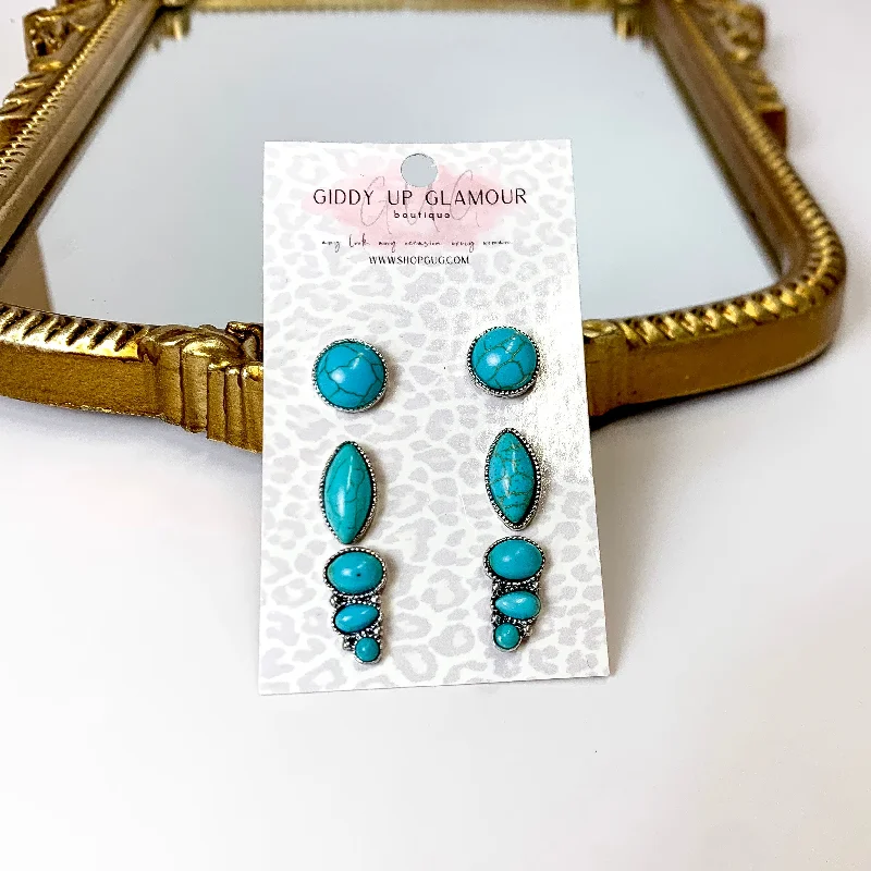 Alloy metal earrings-Set Of Three | Faux Stone Silver Tone Stud Set in Turquoise