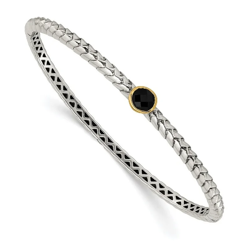 Owl motif bangles-Curata 925 Sterling Silver Hinged Polished With 14k 6mm Simulated Onyx Cuff Stackable Bangle Bracelet