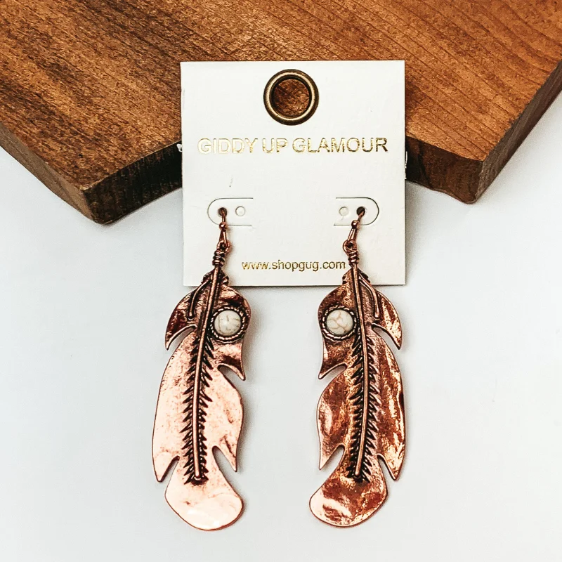 Thin hoop earrings-Western Feather Drop Earrings in Copper