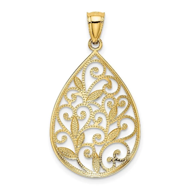 Leaf design necklaces-Curata 14k Yellow Gold 18" 30x18mm Textured Filigree Teardrop Necklace