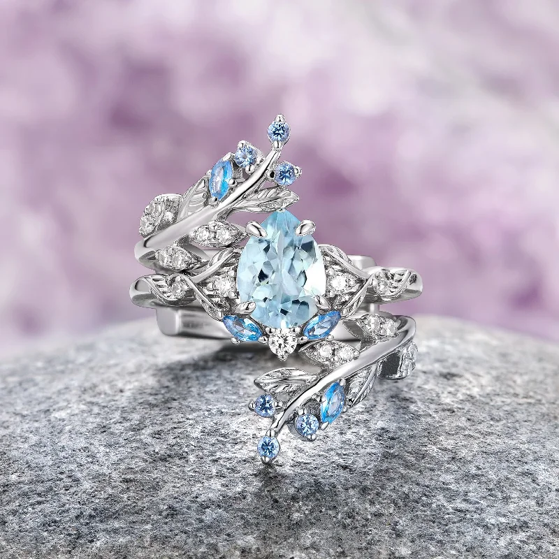 Open frame engagement rings-Wisteria Aquamarine Fairy Leaf Ring- 14K White Gold (Two Piece)