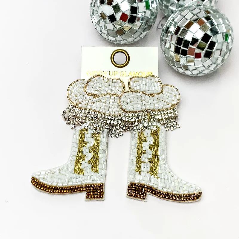 Fine bead earrings-Beaded Cowboy Hat and Boot Earrings with Clear Crystal Fringe in White