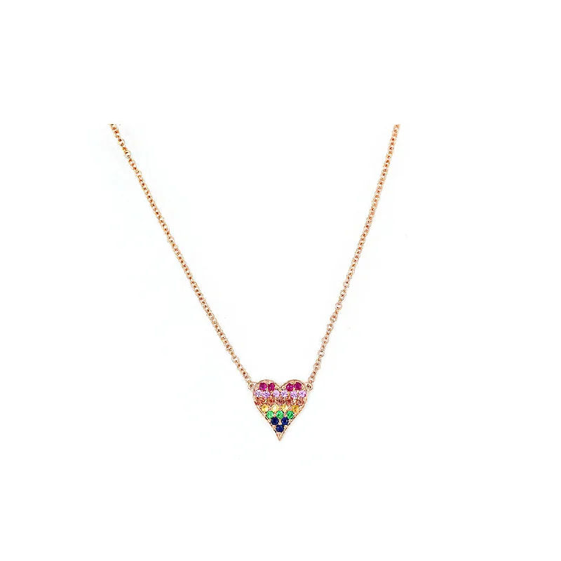 Aged bronze necklaces-14k Rose Gold Mini Rainbow Sapphire Heart Necklace