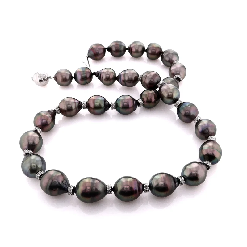 Retro deco necklaces-Estate 14k White Gold 19" Semi-Baroque Black Pearl and Diamond Necklace