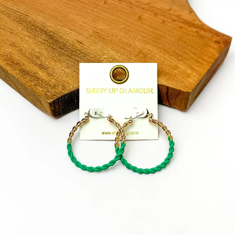 Lunar glow earrings-Twisted Gold Tone Hoop Earrings in Green