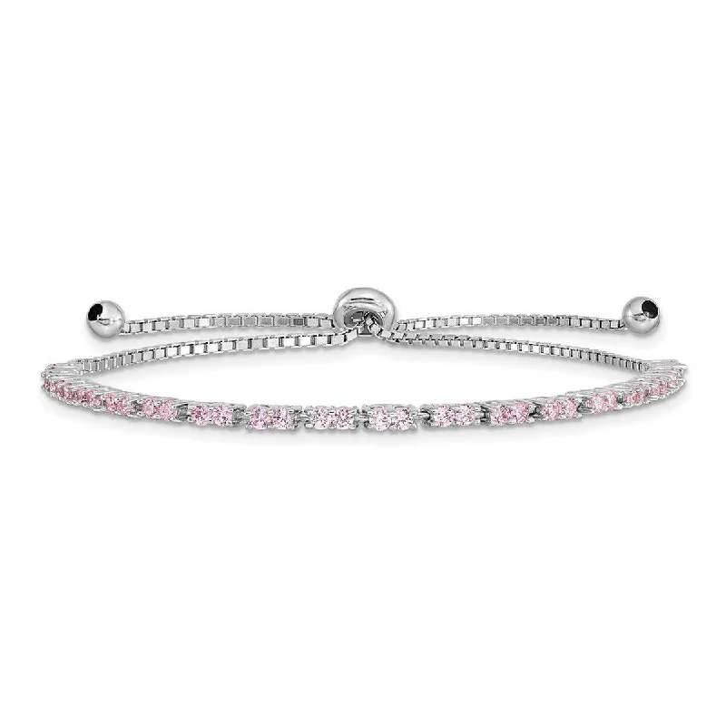 Owl motif bangles-Curata 925 Sterling Silver Rhodium Plated October Pink CZ Cubic Zirconia Simulated Diamond Adj Bracelet