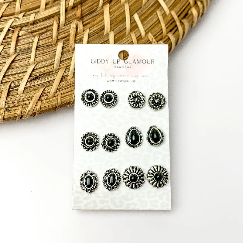 Tiered drop earrings-Set of Six | Black and Silver Tone Designed Stud Earrings