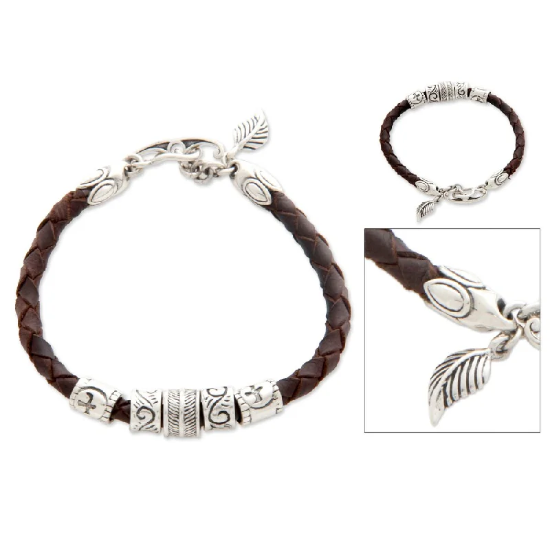 Sleek design bangles-Handmade Sterling Silver 'Angel of Nature' Leather Bracelet (Indonesia)