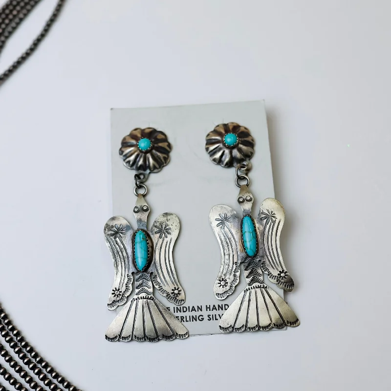 Pure stud earrings-Tim Yazzie | Navajo Handmade Sterling Silver with Turquoise Stones Thunderbird Dangle Earrings