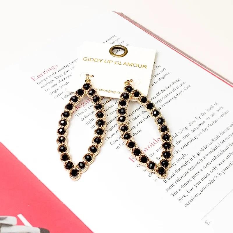 Square stud earrings-Gold Tone Wire Ellipse Earrings with Black Crystal Beads