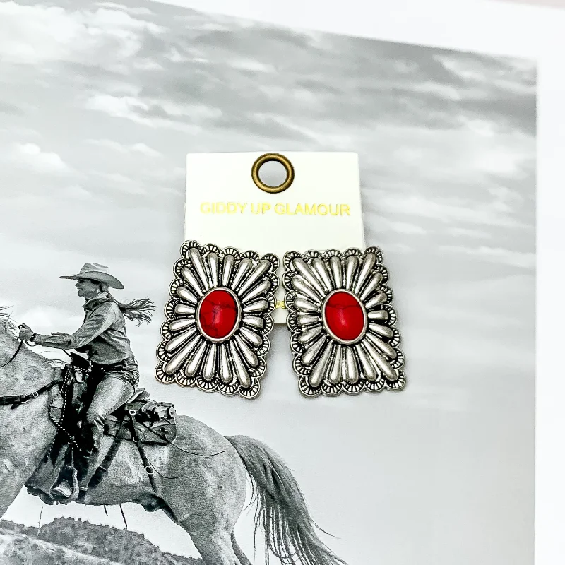 Polished disc earrings-Western Flare Silver Tone Rectangle Earrings With Stone in Red