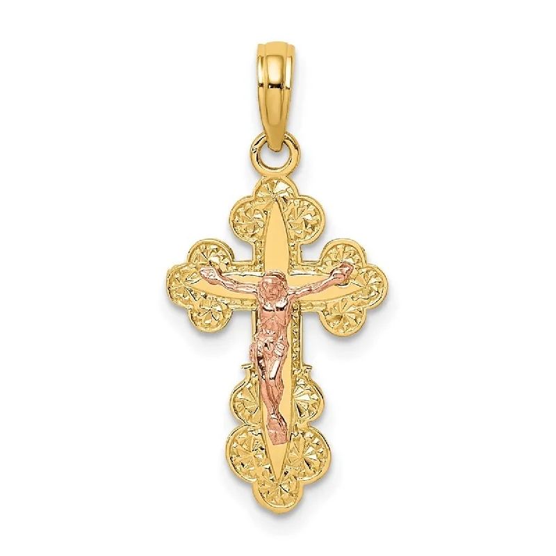 Thin enamel necklaces-Curata 14k Two tone Gold 18" Crucifix Cross With Scallop Trim and Pink Jesus Pendant Necklace