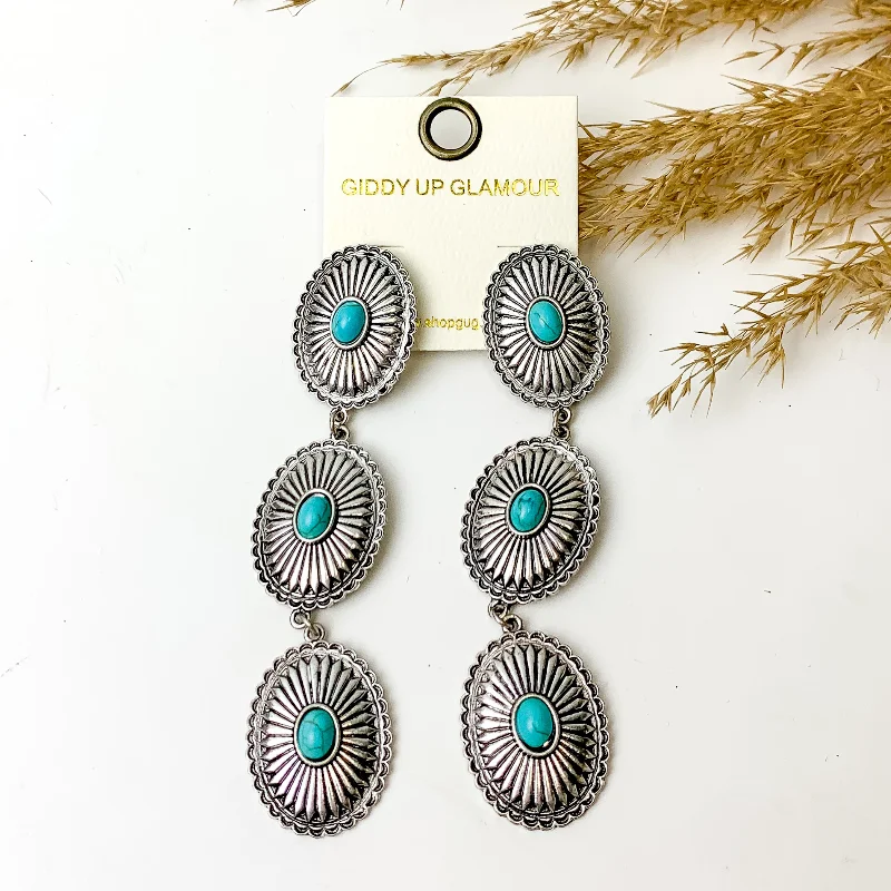 Pure pearl earrings-Concho Drop Earrings with Turquoise Stones in Silver Tone