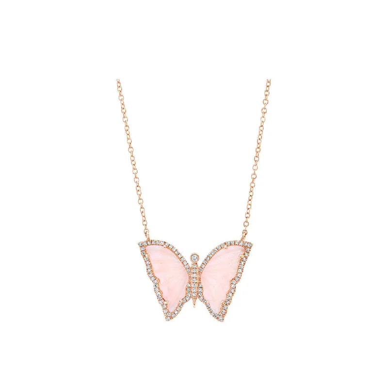 Bow knot necklaces-14k Rose Gold Diamond Pave and Pink Opal Butterfly Necklace