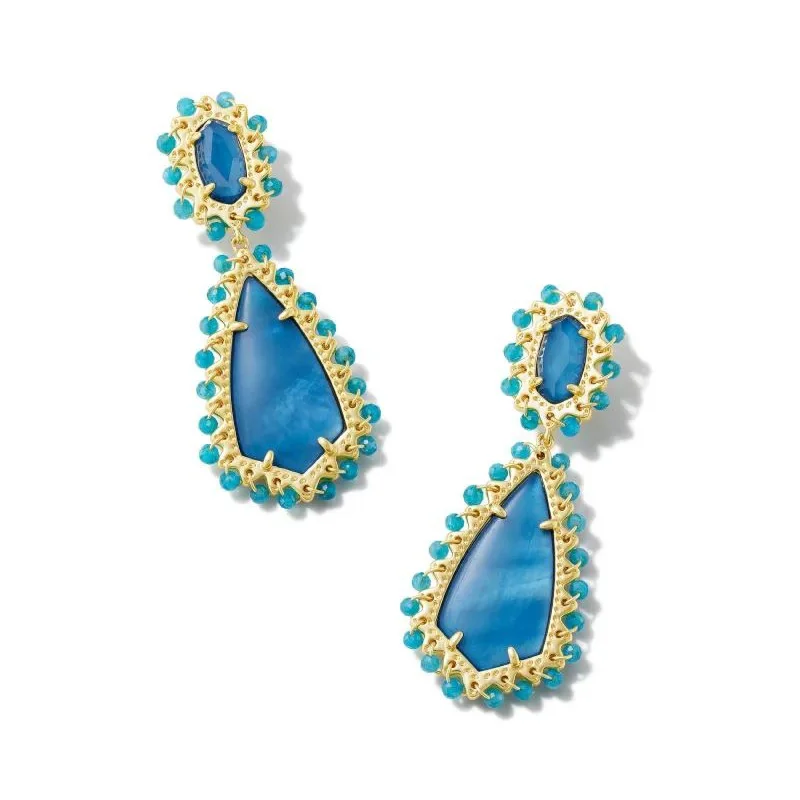 Surf theme earrings-Kendra Scott | Beaded Camry Gold Statement Earrings in Dark Blue Mix