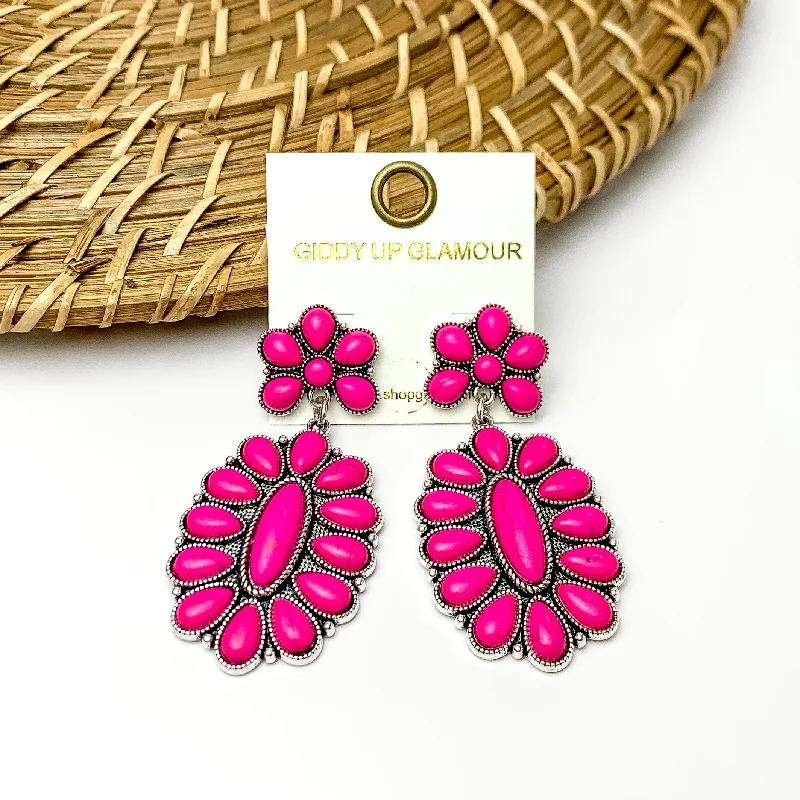 Subtle drop earrings-Hot Pink Stone Oval Flower Earrings