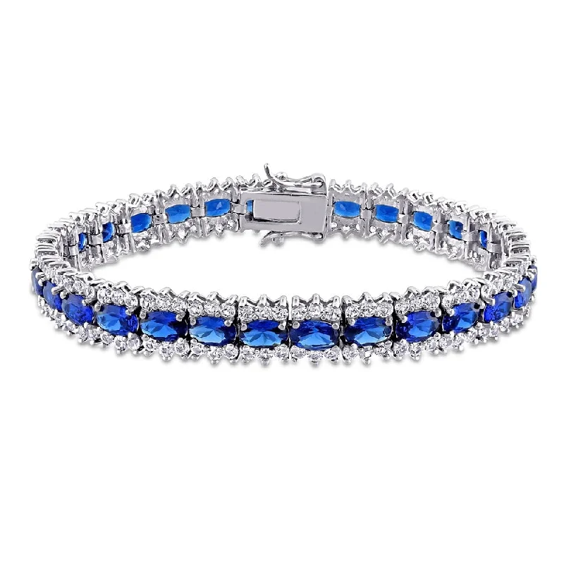 Twist clasp bangles-Miadora Sterling Silver Created Blue and White Sapphire Halo Tennis Bracelet