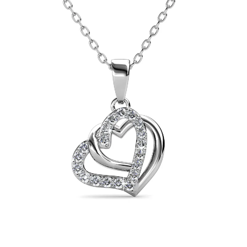 Raised bar necklaces-Angela 18k White Gold Plated Silver Double Heart Necklace with Swarovski Crystals