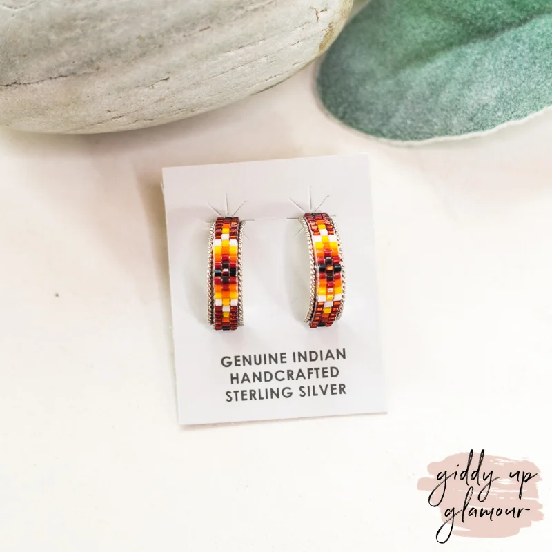 Mystic eye earrings-Navajo | Navajo Handmade Small Multi Colored Aztec Beaded Hoop Earrings in Maroon #2