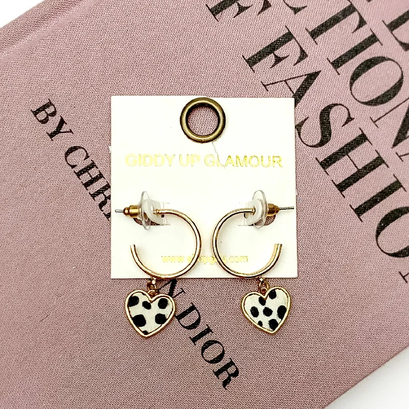 Pink gold earrings-Gold Tone Hoop Earrings with Heart Dangle in White Dotted Print