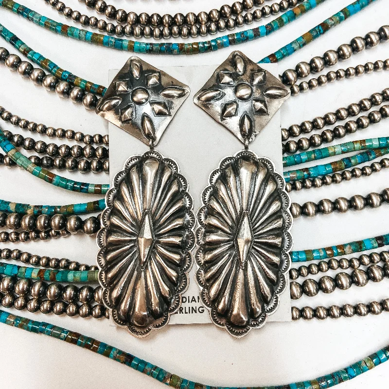 Daisy motif earrings-Richard Begay | Navajo Handmade Sterling Silver Diamond Post Earrings with Oval Drop