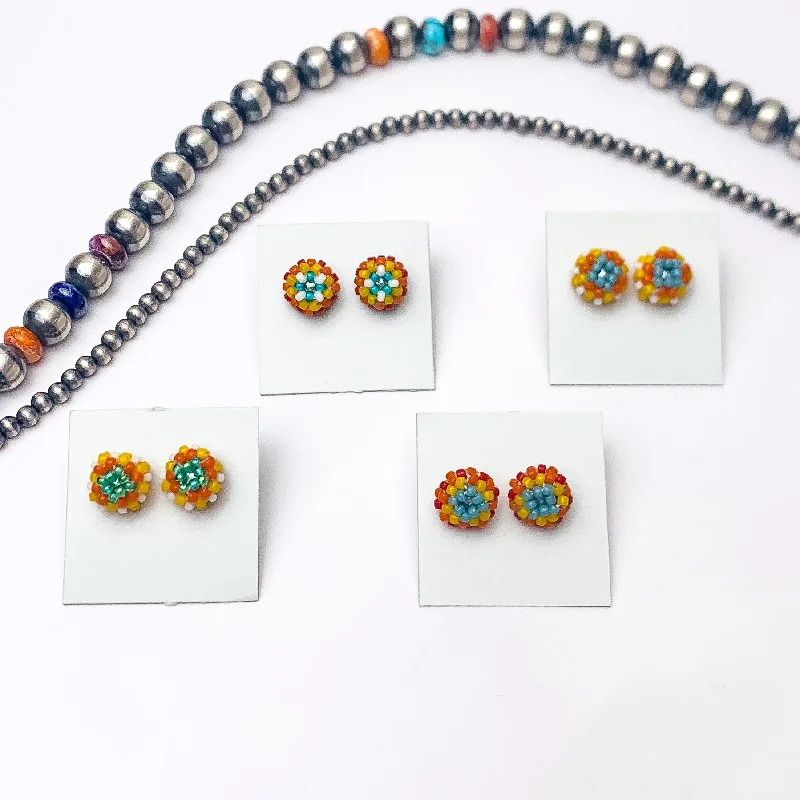 Light drop earrings-Navajo | Navajo Handmade Beaded Stud Earrings in Turquoise, Yellow, and Red