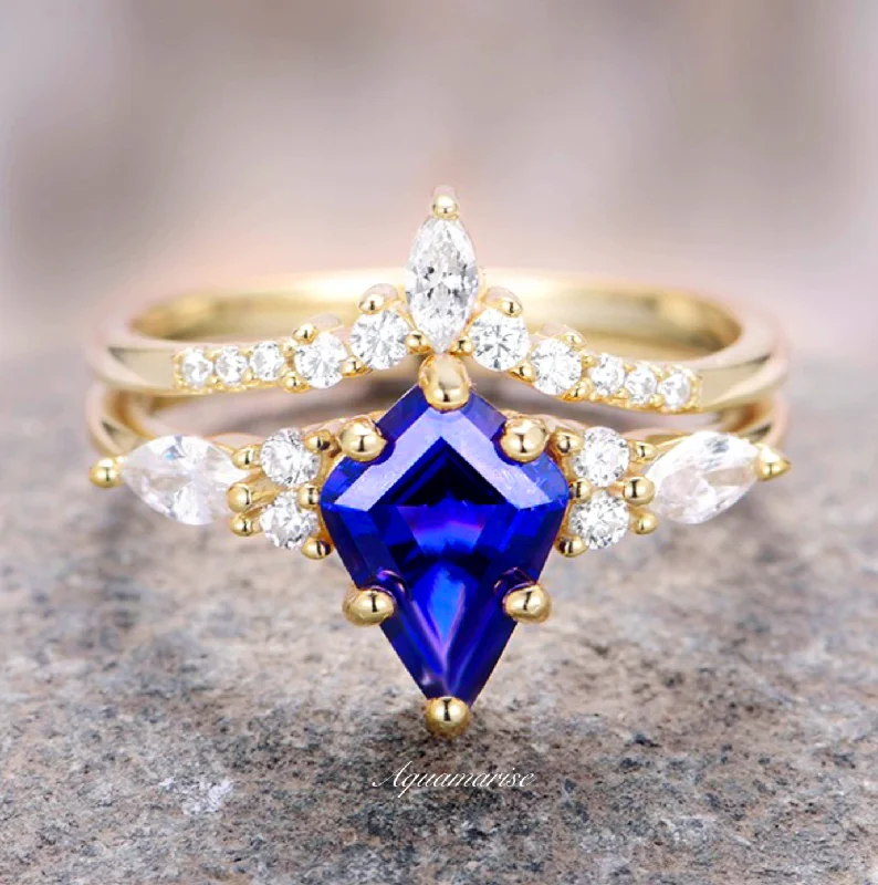 Sculptural engagement rings-Skye Kite™  Blue Sapphire Ring Set- 14K Solid Yellow Gold