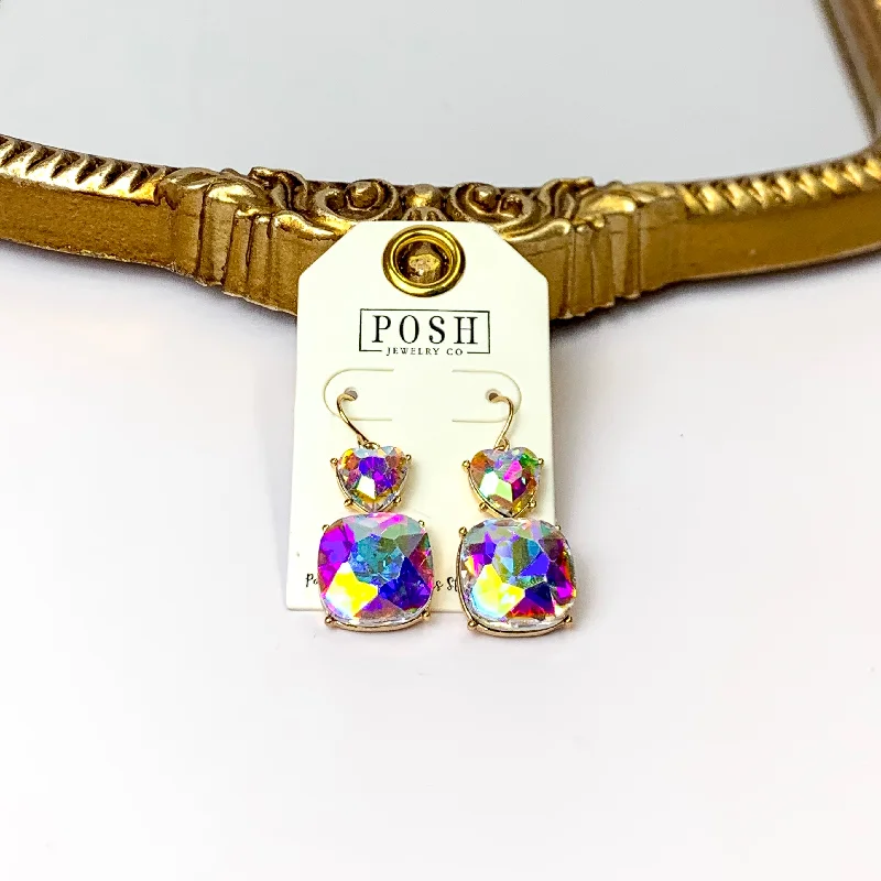 Fine triangle earrings-Posh by Pink Panache | Gold Tone AB Heart Shaped and Cushion Cut Crystal Drop Earrings