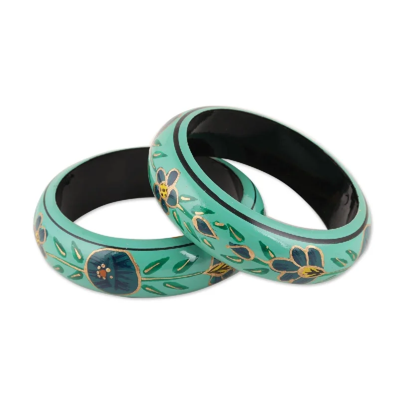 Tiny stack bangles-NOVICA Floral Viridian, Wood bangle bracelets (pair)