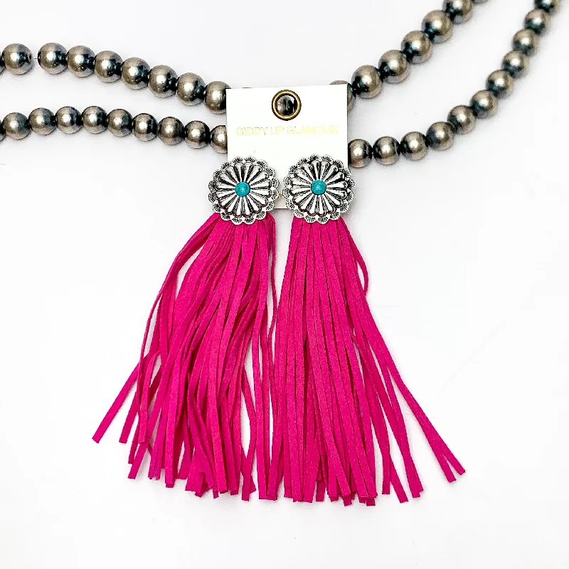 Curved design earrings-Rodeo Runway Tassel Earrings in Hot Pink