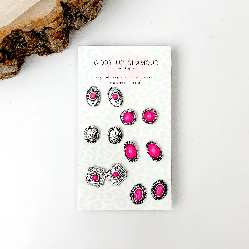 Tiny heart earrings-Set Of Six | Western Small Fuchsia Pink Stones and Silver Tone Stud Earrings