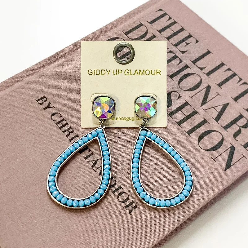 Reef knot earrings-Glass Beaded Teardrop Post Earrings with AB Crystal in Sky Blue