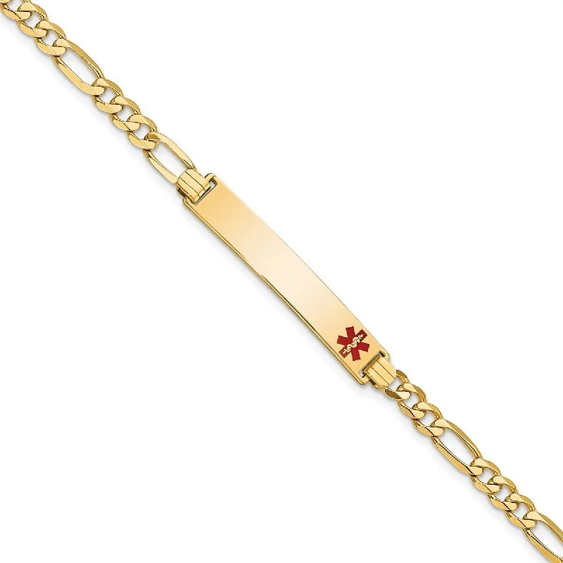 Vivid diamond bangles-Curata 14k Yellow Gold 6.5mm Engravable Medical Red Enamel Flat Figaro Link ID Bracelet