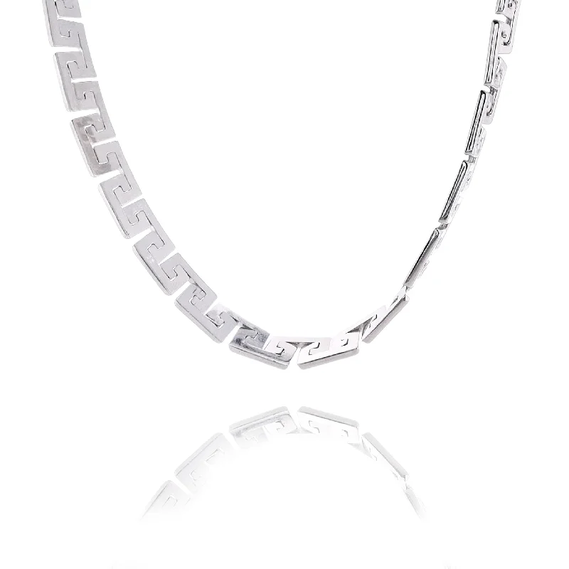 Galaxy sign necklaces-Estate 14 Karat White Gold Greek Key Design Necklace