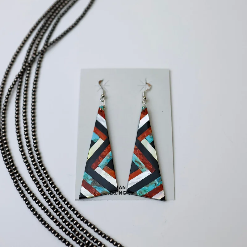 New moon earrings-Navajo | Navajo Handmade Turquoise, Opal, Red Orange Spiny Oyster and Onyx Geometric Design Slab Earrings