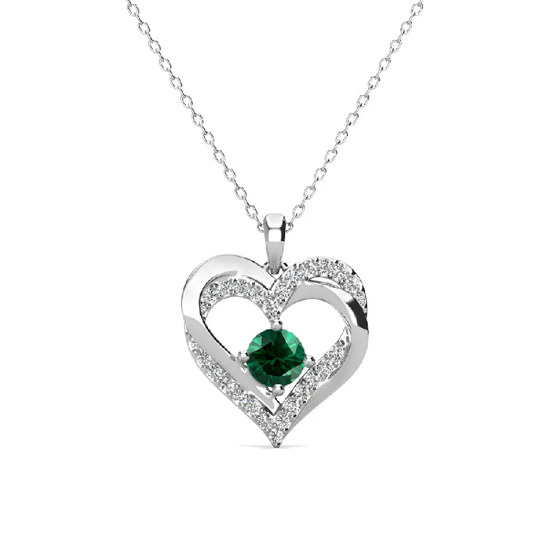 Surf wave necklaces-Forever May Birthstone 18k White Gold Plated Silver Double Heart Emerald Necklace with Swarovski Crystals