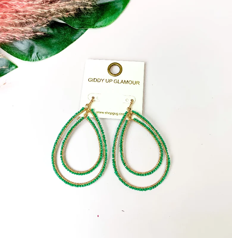 Topaz earrings-Double Open Teardrop Gold Tone Earrings with Beaded Outline in Green