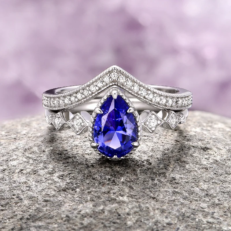 Vine carved engagement rings-Vintage Tanzanite Ring Set- 14K White Gold