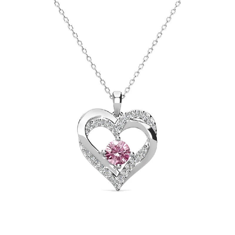 Cotton cord necklaces-Forever October Birthstone 18k White Gold Plated Silver Double Heart Pink Tourmaline Necklace with Swarovski Crystals