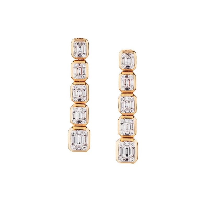 Layered drop earrings-BAGUETTE & ROUND DIAMOND DROP EARRINGS