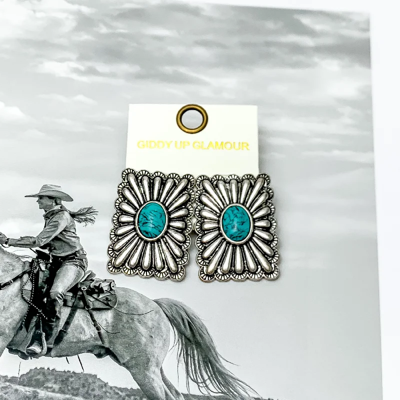 Aged medallion earrings-Western Flare Silver Tone Rectangle Earrings With Stone in Turquoise