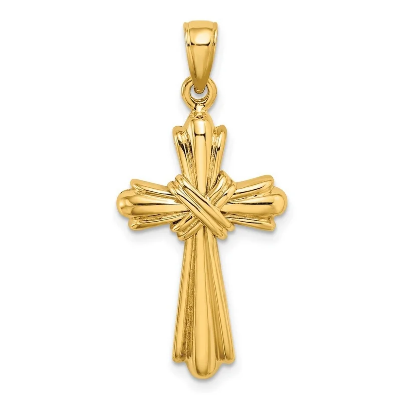 Polished gold necklaces-Curata 14k Yellow Gold Ribbed Flared Religious Cross Necklace 18.6mm x 33mm