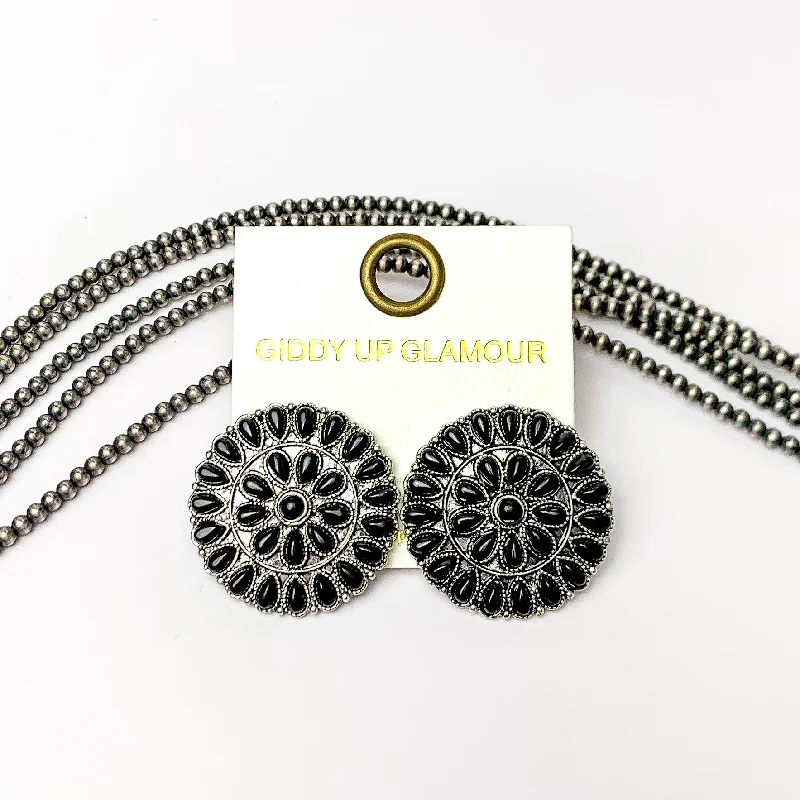 Aged medallion earrings-Silver Tone Circle Cluster Stud Earrings with Black Stones