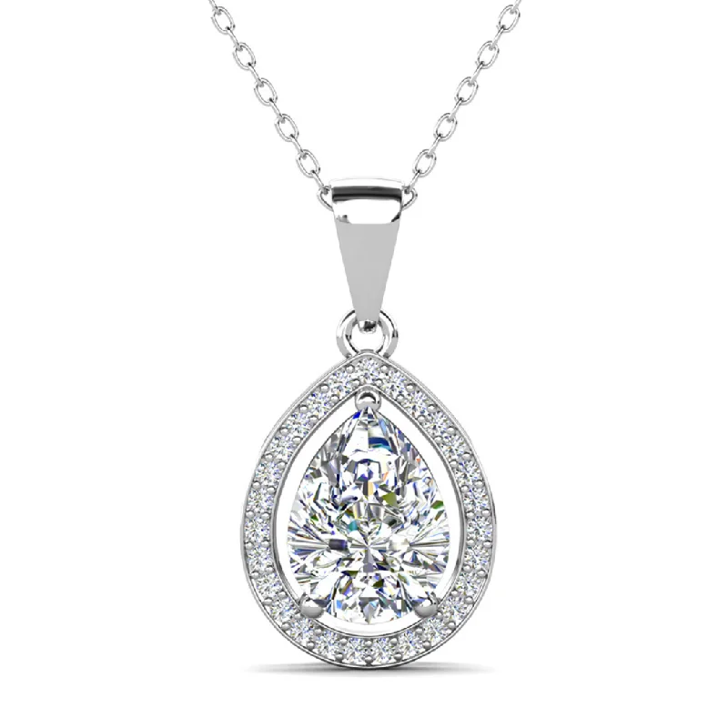 Daisy motif necklaces-Isabel 18k White Gold Plated Halo Teardrop Necklace with Simulated Diamond Crystal