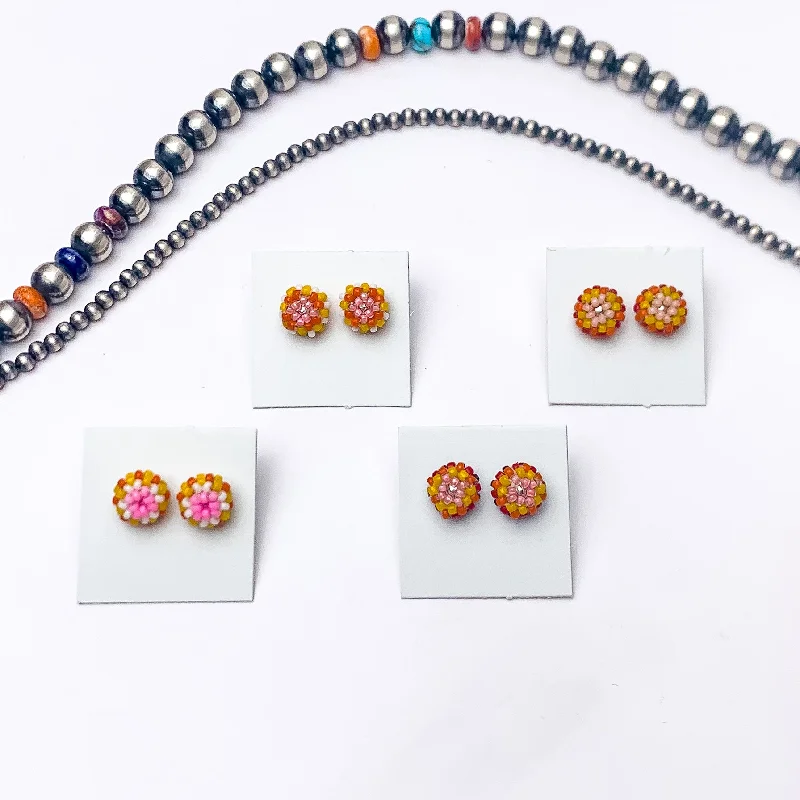 Solid ring earrings-Navajo | Navajo Handmade Beaded Stud Earrings in Pink, Yellow, and Orange