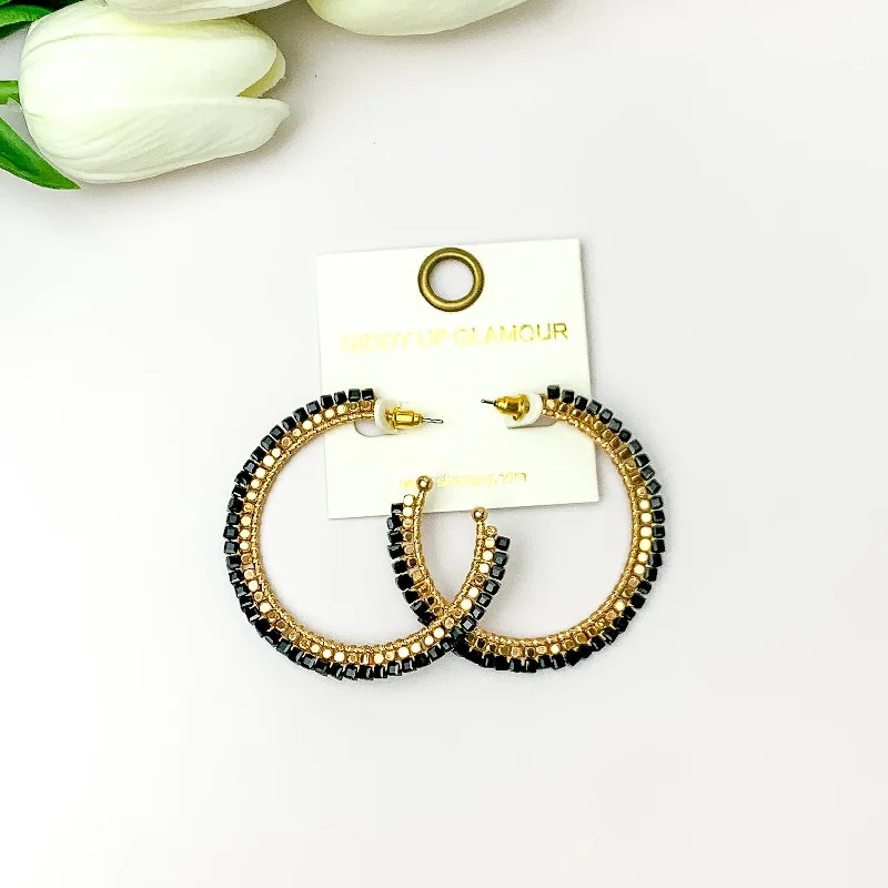 Pure crystal earrings-Gold Tone Beaded Hoop Earrings with a Black Crystal Outline