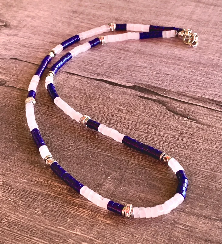 Neat-line necklaces-Monty Handmade Lapis Lazuli, Moonstone and Silver Plated Hematite 21" Necklace.