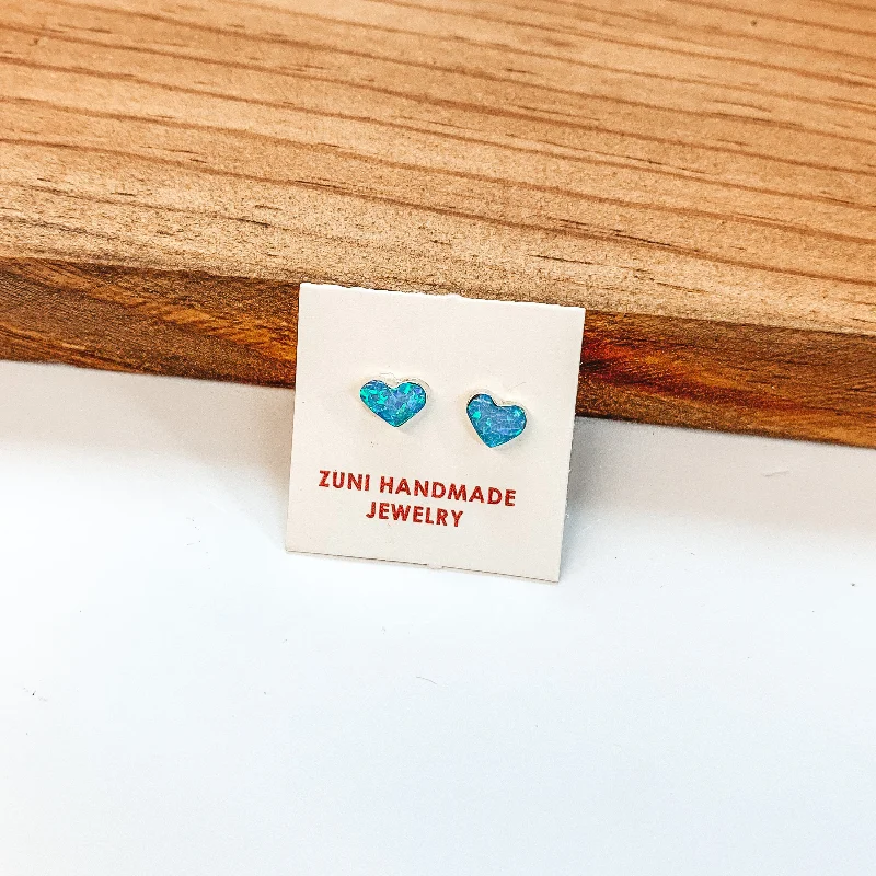 Pure gem earrings-Angie Rosetta | Zuni Handmade Sterling Silver Heart Stud Earrings in Blue Opal