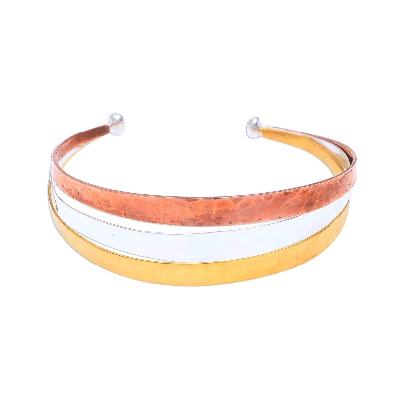 Clear quartz bangles-NOVICA Metallic Rainbow, Gold accented sterling silver cuff bracelet